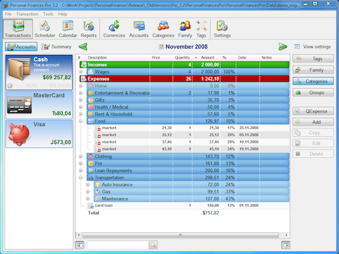 Alzex Personal Finance software screenshot